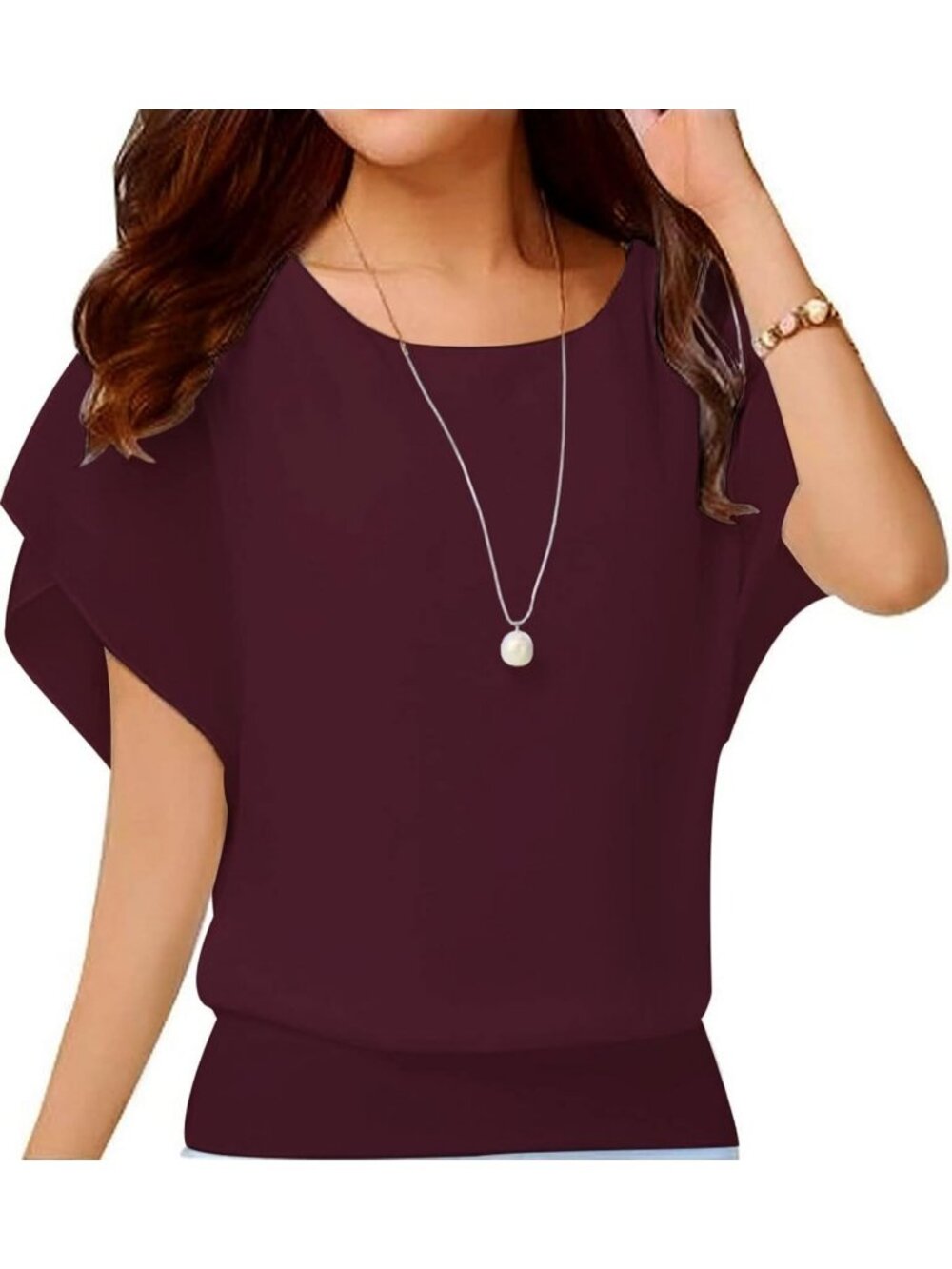 Women's Purple Red Elegant Loose Casual Short Sleeve Chiffon Top T Shirt Blouses